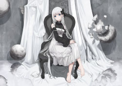 Rule 34 | 1girl, absurdres, barefoot, black bow, blue eyes, blunt bangs, bow, breasts, broken, chair, covered collarbone, crossed legs, curtains, detached sleeves, dress, feet, floating, floating object, frilled dress, frills, full body, hair bow, highres, jewelry, long hair, long sleeves, looking at viewer, medium breasts, necklace, orb, original, parted lips, reflective floor, sitting, solo, toe scrunch, toes, tooku0, very long hair, white dress, white hair