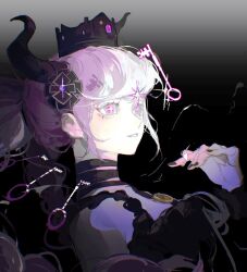Rule 34 | 1girl, black dress, black flower, black horns, black nails, braid, breasts, cleavage, commentary, crown, dark background, dress, flower, hair ornament, highres, horns, key, long hair, looking ahead, master detective archives: rain code, medium breasts, multicolored hair, nail polish, open mouth, pink eyes, pink hair, shinigami (rain code), smile, solo, sparkle, sparkling eyes, twin braids, two-tone hair, upper body, voltmeter f, white hair