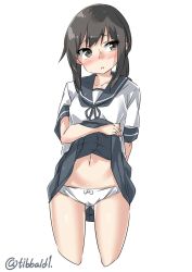 Rule 34 | 10s, 1girl, arm behind back, bad id, bad twitter id, black eyes, black hair, black skirt, blush, bow, bow panties, clothes lift, collarbone, cowboy shot, cropped legs, ebifurya, eyebrows, fubuki (kancolle), highres, inactive account, kantai collection, lifted by self, looking to the side, low ponytail, midriff peek, navel, panties, pleated skirt, school uniform, serafuku, short sleeves, sidelocks, simple background, skirt, skirt lift, solo, sweat, triangle mouth, underwear, white background, white bow, white panties