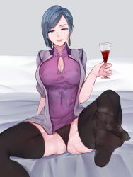 Rule 34 | 1girl, absurdres, bed, blue hair, breasts, chinese clothes, cleavage, cup, drinking glass, covered erect nipples, feet, foot focus, highres, lanque, leg up, looking at viewer, nanocore, panties, parted lips, pov, pussy, see-through, see-through legwear, sitting, soles, steam, thighhighs, toes, underwear, wine glass, yellow eyes