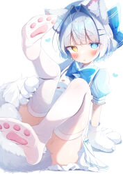 Rule 34 | 1girl, absurdres, animal ears, blue eyes, blush, bow, cat ears, cat tail, embarrassed, hair bow, hair ornament, hairclip, heart, heterochromia, highres, komugi (2212), looking at viewer, original, short hair, simple background, solo, sweatdrop, tail, thighhighs, white background, yellow eyes