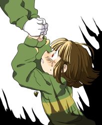 Rule 34 | 1boy, 1other, asriel dreemurr, black background, blush, bob cut, brown hair, chara (undertale), crying, crying with eyes open, furry, furry male, grabbing, green shirt, heart, heart necklace, jewelry, long sleeves, looking at another, medium hair, multicolored shirt, necklace, pants, red eyes, semi kon, shirt, tears, turtleneck, undertale, white background, white fur, yellow shirt