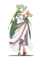 Rule 34 | 1girl, ancient greek clothes, anklet, automatic giraffe, bracer, breast expansion, breasts, brown footwear, chiton, commentary, crossed legs, dress, english commentary, green hair, high heels, jewelry, kid icarus, kid icarus uprising, large breasts, long hair, looking at viewer, necklace, nintendo, palutena, parted bangs, red eyes, simple background, smile, solo, very long hair, white background, white dress