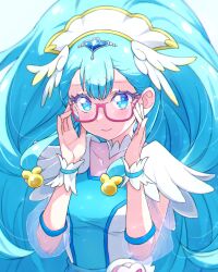 Rule 34 | 1girl, adjusting eyewear, blue eyes, blue hair, blush, breasts, cure ange, dress, earrings, hair ornament, hat, head wings, heart pouch, highres, hugtto! precure, jewelry, kyoutsuugengo, long hair, looking at viewer, magical girl, nurse cap, precure, red-framed eyewear, see-through, see-through sleeves, small breasts, smile, solo, thick eyelashes, very long hair, wings, wrist cuffs, yakushiji saaya