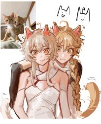 Rule 34 | 1boy, 1girl, aether (genshin impact), ahoge, animal ears, arm armor, bare shoulders, blonde hair, blush, braid, breasts, brother and sister, brown eyes, brown shirt, cat ears, cat tail, closed mouth, detached sleeves, dress, genshin impact, hair between eyes, highres, kemonomimi mode, light brown hair, long hair, long sleeves, looking at viewer, lumine (genshin impact), medium breasts, nunhighinki, scarf, shirt, short hair, short hair with long locks, short sleeves, siblings, sidelocks, simple background, smile, standing, tail, v-shaped eyebrows, white background, white dress, white scarf