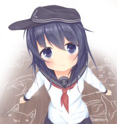 Rule 34 | 1girl, akatsuki (kancolle), anchor symbol, black hat, black skirt, blush, child&#039;s drawing, closed mouth, collarbone, commentary request, flat cap, hair between eyes, hat, head tilt, kantai collection, kushida you, long hair, long sleeves, looking at viewer, neckerchief, outstretched arms, pout, purple eyes, purple hair, red neckerchief, school uniform, serafuku, shirt, skirt, solo, standing, tareme, upper body, white shirt, wooden floor
