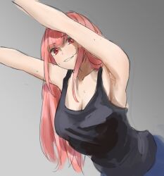 Rule 34 | 1girl, armpits, black tank top, blue pants, breasts, cleavage, grey background, highres, hololive, hololive english, large breasts, light smile, long hair, looking at viewer, md5 mismatch, mori calliope, pants, pink hair, red eyes, sideboob, strideytidey, sweat, tank top, teeth, virtual youtuber