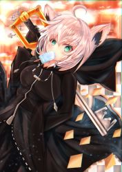 Rule 34 | 1girl, absurdres, ahoge, animal ear fluff, animal ears, arm up, black coat (kingdom hearts), black gloves, black hoodie, blurry, blurry background, blush, braid, breasts, commentary request, earrings, food, food in mouth, fox ears, fox girl, gloves, green eyes, hair between eyes, highres, holding, holding sword, holding weapon, hololive, hood, hoodie, jewelry, keyblade, kingdom hearts, light particles, long sleeves, looking at viewer, medium breasts, popsicle, shirakami fubuki, sidelocks, single braid, solo, soma443, sword, virtual youtuber, weapon, white hair