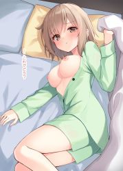 Rule 34 | 1girl, bed, blush, breasts, breasts out, childhood friend (ominaeshi), highres, looking at viewer, lying, medium breasts, nipples, ominaeshi (takenoko), on bed, on side, original, pajamas, pillow, short hair, solo, teeth