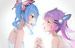 Rule 34 | 2girls, absurdres, ayeon, bare shoulders, blue eyes, blue hair, butterfly hair ornament, dress, earrings, eye contact, face-to-face, frilled dress, frills, from side, gradient hair, green hair, hair ornament, hairclip, highres, holding hands, hololive, hoshimachi suisei, interlocked fingers, jewelry, looking at another, magnet (vocaloid), multicolored hair, multiple girls, open mouth, pink hair, pom pom (clothes), pom pom hair ornament, purple hair, side ponytail, simple background, tokoyami towa, twintails, virtual youtuber, white background, white dress, yuri