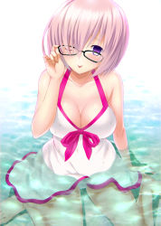 Rule 34 | 1girl, ;p, adjusting eyewear, bare arms, bare legs, bare shoulders, barefoot, black-framed eyewear, blush, breasts, cleavage, collarbone, dress, emanon123, fate/grand order, fate (series), glasses, hair over one eye, highres, large breasts, light purple hair, looking at viewer, mash kyrielight, mash kyrielight (swimsuit of perpetual summer), necktie, official alternate costume, one eye closed, partially submerged, purple eyes, red necktie, short hair, sitting, smile, solo, tongue, tongue out, wariza, wet, wet hair, white dress