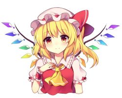 Rule 34 | 1girl, ascot, blonde hair, flandre scarlet, hand on own chest, hat, hat ribbon, looking at viewer, mob cap, puffy short sleeves, puffy sleeves, red eyes, red ribbon, ribbon, ruhika, short hair, short sleeves, side ponytail, simple background, smile, solo, touhou, upper body, white background, wings, wrist cuffs, yellow ascot