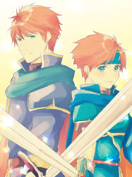 Rule 34 | 2boys, armor, blue armor, blue eyes, blue hair, cape, eliwood (fire emblem), father and son, fire emblem, fire emblem: the binding blade, fire emblem: the blazing blade, fire emblem heroes, headband, highres, looking at viewer, male focus, multiple boys, nintendo, nishimura (nianiamu), red hair, roy (fire emblem), short hair, smile, sword, weapon