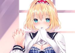 Rule 34 | 1girl, alice margatroid, alternate costume, bad id, bad pixiv id, black sailor collar, blonde hair, blue bra, blue eyes, bra, breasts, cleavage, clothes in mouth, clothes lift, frilled bra, frilled hairband, frills, hair between eyes, hairband, holding hands, interlocked fingers, lifted by self, long sleeves, medium breasts, mouth hold, nanase nao, plaid, plaid bra, red hairband, sailor collar, school uniform, serafuku, shirt in mouth, shirt lift, solo focus, touhou, underwear, upper body, window