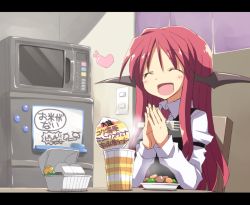 Rule 34 | 1girl, :d, ^ ^, bat wings, blush, chair, closed eyes, cup ramen, closed eyes, female focus, food, fork, happy, head wings, heart, kitchen, koakuma, letterboxed, microwave, necktie, noodles, onigiri, open mouth, own hands together, ramen, red hair, refrigerator, satou kibi, sitting, smile, solo, touhou, translated, wings
