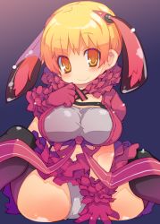 Rule 34 | 1girl, animal ears, blonde hair, blush, breasts, rabbit ears, ernula, gloves, hand on own chest, large breasts, looking at viewer, no nose, senkou no ronde, sitting, smile, solo, spread legs, thighhighs, twintails, yellow eyes, zankuro