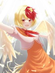 Rule 34 | 1girl, :d, absurdres, anima miko, bird, bird on hand, bird wings, blonde hair, chick, cowboy shot, dress, highres, light rays, looking at viewer, multicolored hair, niwatari kutaka, open mouth, orange dress, red eyes, red hair, shirt, short hair, smile, solo, standing, touhou, two-tone hair, v-shaped eyebrows, white shirt, wings, yellow wings