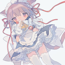 Rule 34 | 1girl, ahoge, animal ears, apron, ascot, black skirt, brown hair, cake, cake slice, cat ears, cat girl, cat tail, covered mouth, cowboy shot, daizu (melon-lemon), dutch angle, eating, food, frilled apron, frilled ascot, frilled gloves, frills, fruit, gloves, hair ribbon, hands up, highres, holding, holding cake, holding food, looking at viewer, maid, maid apron, maid headdress, name tag, original, petticoat, pink hair, puffy short sleeves, puffy sleeves, red eyes, red ribbon, ribbon, shirt, short sleeves, simple background, skirt, solo, strawberry, tail, thighhighs, two side up, white apron, white background, white gloves, white shirt, white thighhighs, yellow ascot, zettai ryouiki