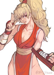 Rule 34 | 1girl, blonde hair, breasts, brown eyes, capcom, cleavage, commentary request, cowboy shot, final fight, fingerless gloves, genryuusai maki, gloves, japanese clothes, long hair, looking at viewer, medium breasts, ninja, pelvic curtain, ponytail, solo, street fighter, street fighter zero (series), thighs, tonfa, tsuna (akmu8832), weapon