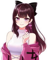 Rule 34 | 1girl, black bow, blunt bangs, blush, bow, brown hair, crop top, earrings, finger heart, hair bow, heart, heart earrings, hikineet27, jacket, jewelry, jururu, long hair, long sleeves, looking at viewer, multicolored hair, necklace, off shoulder, open clothes, open jacket, pink jacket, purple eyes, purple hair, shirt, simple background, sleeveless, sleeveless shirt, smile, solo, star (symbol), star necklace, streaked hair, upper body, virtual youtuber, waktaverse, white background, white shirt, zipper