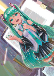 Rule 34 | 1girl, :d, aqua necktie, bare shoulders, black skirt, black thighhighs, blush, book, breasts, collared shirt, cowboy shot, detached sleeves, dutch angle, green eyes, green hair, green nails, grey shirt, hair ornament, hatsune miku, headset, highres, indoors, instrument, keyboard (instrument), lamp, long hair, looking at viewer, marker (medium), mayo riyo, miniskirt, monitor, music, nail polish, necktie, note, open mouth, pinky out, pleated skirt, sheet music, shirt, singing, skirt, small breasts, smile, solo, thighhighs, tie clip, traditional media, twintails, very long hair, vocaloid, zettai ryouiki