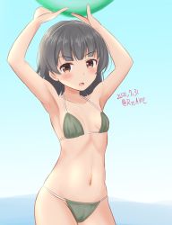 Rule 34 | 1girl, ame-san, arare (kancolle), armpits, arms up, ball, beachball, bikini, black hair, breasts, brown eyes, commentary request, contrapposto, cowboy shot, dated, grey bikini, highres, kantai collection, looking at viewer, short hair, small breasts, solo, standing, swimsuit, twitter username