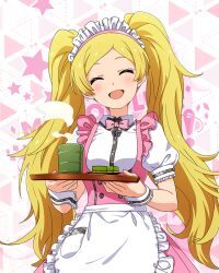 Rule 34 | 1girl, :d, ^ ^, apron, blonde hair, blush, bow, bowtie, breasts, butterfly ornament, closed eyes, cowboy shot, cup, dot nose, dress, emily stewart, eyelashes, fluffy hair, food, frilled apron, frilled skirt, frills, green tea, holding, holding tray, idolmaster, idolmaster million live!, idolmaster million live! theater days, long hair, looking at viewer, maid headdress, matcha (food), official alternate costume, official art, open mouth, pink bow, pink bowtie, pink dress, pretty waitress (idolmaster), puffy short sleeves, puffy sleeves, serving, shirt, short sleeves, sidelocks, skirt, small breasts, smile, solo, standing, star (symbol), starry background, steam, straight-on, tea, thighhighs, tray, twintails, upper body, very long hair, wagashi, waist apron, waitress, white apron, white shirt, white thighhighs, wrist cuffs, yunomi