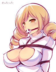 Rule 34 | 10s, 1girl, arms behind back, ball gag, bdsm, blonde hair, blush, bondage, bound, bound arms, breast bondage, breasts, cleavage, cleavage cutout, clothing cutout, drill hair, drooling, gag, gagged, large breasts, long hair, long sleeves, looking at viewer, mahou shoujo madoka magica, mahou shoujo madoka magica (anime), maullarmaullar, meme attire, open-chest sweater, rope, saliva, shibari, shibari over clothes, simple background, solo, sweater, tomoe mami, turtleneck, turtleneck sweater, twin drills, white background, white sweater, wiffle gag, yellow eyes