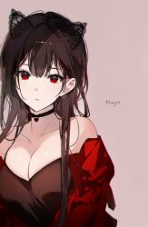 Rule 34 | 1girl, animal ears, artist name, bare shoulders, black camisole, black hair, blurry, breasts, brown background, camisole, cat ears, choker, cleavage, collarbone, depth of field, fake animal ears, highres, jacket, long hair, looking at viewer, medium breasts, naru (ul), off shoulder, open clothes, open jacket, original, parted lips, red eyes, red jacket, simple background, solo, spaghetti strap