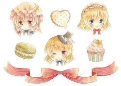 Rule 34 | 3girls, alice margatroid, banner, blue eyes, braid, cookie, crescent, crescent hair ornament, cupcake, double bun, food, hair ornament, hair ribbon, hairband, hat, icing, kagome f, kirisame marisa, lolita hairband, looking at viewer, macaron, mob cap, multiple girls, one eye closed, open mouth, painting (medium), patchouli knowledge, portrait, purple eyes, purple hair, ribbon, simple background, single braid, smile, star (symbol), touhou, traditional media, tress ribbon, watercolor (medium), white background, witch hat, yellow eyes