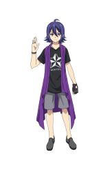 Rule 34 | 1boy, ahoge, black gloves, black shirt, closed mouth, fingerless gloves, full body, gloves, grey footwear, grey shorts, hair between eyes, hand up, highres, jewelry, king of prism, king of prism: shiny seven stars, looking at viewer, male focus, necklace, official art, pretty rhythm, pretty series, purple eyes, purple hair, purple scarf, ring, scarf, second-party source, shirt, shoes, short hair, short sleeves, shorts, simple background, single glove, solo, standing, suzuno yuu, t-shirt, tachi-e, transparent background