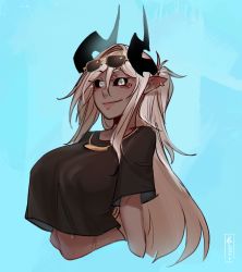 Rule 34 | 1girl, absurdres, aiko (less), black sclera, black shirt, blue background, breasts, colored sclera, cropped arms, cropped torso, dark-skinned female, dark skin, earrings, eyewear on head, grey eyes, grey hair, hair between eyes, highres, horns, jewelry, large breasts, less, long hair, looking at viewer, necklace, original, pointy ears, shirt, shirt overhang, short sleeves, sidelocks, simple background, solo, sunglasses, upper body