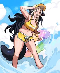 Rule 34 | 1girl, animal ears, arm up, armpit hair, armpits, asymmetrical sidelocks, barefoot, baseball cap, belly, black hair, blonde hair, blue sky, bone print, bra, breasts, brown eyes, brown hair, cleavage, cloud, day, dolphin shorts, fangs, foot out of frame, freckles, hand on headwear, hat, highres, holding, holding swim ring, indie virtual youtuber, innertube, long hair, medium breasts, memcchi, multicolored hair, outdoors, parted bangs, plump, raised eyebrows, shorts, sky, solo, standing, stomach, streaked hair, swim ring, tail, underwear, very long hair, water, waves, white trim, yellow bra, yellow hat, yellow shorts