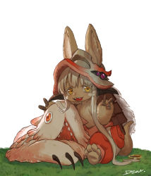 Rule 34 | 1girl, 1other, absurdres, animal ears, barefoot, body fur, claws, devil lo, double v, fangs, furry, grass, hair ornament, helmet, highres, horizontal pupils, long hair, looking at viewer, made in abyss, mitty (made in abyss), nanachi (made in abyss), on ground, one-eyed, orange eyes, orange pants, pants, purple eyes, rabbit ears, sitting, smile, tagme, tail, v, white hair, yellow eyes