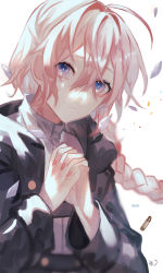 Rule 34 | 1girl, absurdres, black robe, blue eyes, braid, bullet, closed mouth, commentary request, falling petals, hair between eyes, highres, interlocked fingers, iwai ku tsuki, long hair, long sleeves, looking at viewer, original, own hands together, petals, pink hair, robe, simple background, single braid, solo, tearing up, tears, upper body, white background