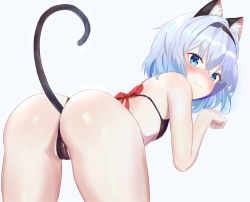 Rule 34 | 1girl, absurdres, albi, anal, anal object insertion, anal tail, animal ear fluff, animal ears, ass, bad id, bad pixiv id, bare arms, bare shoulders, bent over, black bra, black panties, blue eyes, blue hair, blush, bra, breasts, butt plug, cameltoe, cat ears, cat girl, cat tail, closed mouth, commentary request, embarrassed, fake tail, from behind, frown, hairband, highres, kemonomimi mode, korean commentary, looking at viewer, looking back, nose blush, object insertion, panties, paw pose, red ribbon, ribbon, ryuuou no oshigoto!, sex toy, short hair, simple background, small breasts, solo, sora ginko, standing, tail, tail raised, tears, thighs, underwear, v-shaped eyebrows, white background