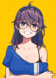 Rule 34 | 1girl, absurdres, ahoge, akitoh-shino, arms under breasts, black-framed eyewear, blue eyes, blue shirt, breasts, cleavage, crossed arms, earrings, glasses, grin, hair ornament, hairclip, highres, jewelry, large breasts, looking at viewer, mole, mole above mouth, mole on breast, multicolored hair, off-shoulder shirt, off shoulder, original, shirt, simple background, smile, solo, streaked hair, stud earrings, upper body, yellow background