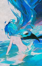 Rule 34 | 1girl, afloat, artist name, ass, blue hair, breasts, closed mouth, cloud, floating hair, flowerbanquet, from behind, hair up, highres, long hair, medium breasts, nude, original, outdoors, sky, solo, splashing, water