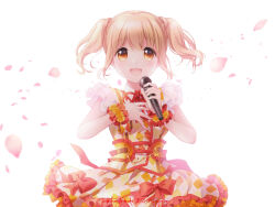 Rule 34 | 1girl, :d, blonde hair, bow, brown hair, cowboy shot, dress, dress bow, falling petals, flower, frilled dress, frills, fukuda fukutarou, hand on own chest, holding, holding microphone, idol, idoly pride, kawasaki sakura (idoly pride), looking at viewer, microphone, open mouth, orange dress, orange eyes, petals, plaid, plaid dress, short hair, short sleeves, simple background, smile, solo, twintails, white background, wrist cuffs