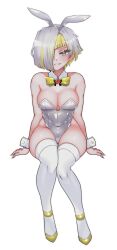 Rule 34 | 1girl, animal ears, blonde hair, bow, bowtie, breasts, full body, gold footwear, high heels, highres, invisible chair, kromer (project moon), large breasts, leotard, limbus company, looking at viewer, multicolored hair, njaja kanja, parted lips, playboy bunny, project moon, rabbit ears, shoes, sitting, smile, solo, streaked hair, thighhighs, white eyes, white hair, white leotard, white thighhighs, wrist cuffs, yellow bow, yellow bowtie