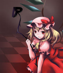 Rule 34 | 1girl, :d, checkered floor, cowboy shot, dress, fang, female focus, flandre scarlet, hat, hat ribbon, holding, mob cap, ogami kazuki, open mouth, puffy short sleeves, puffy sleeves, red dress, red eyes, ribbon, short sleeves, side ponytail, smile, solo, stick, tooth, touhou
