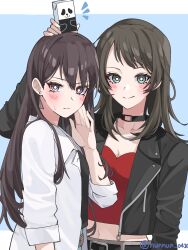 Rule 34 | 2girls, bang dream!, bang dream! it&#039;s mygo!!!!!, black choker, black jacket, black shirt, blue background, blush, border, breasts, bright pupils, brown hair, choker, cleavage, closed mouth, commentary request, earrings, highres, jacket, jewelry, juice box, long hair, long sleeves, multiple girls, nanami (nunnun 0410), navel, notice lines, object on head, open clothes, open shirt, purple eyes, red shirt, shiina taki, shirt, simple background, smile, sweatdrop, twitter username, white border, white pupils, white shirt, yahata umiri