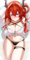 Rule 34 | 1girl, arknights, bikini, black bikini, blush, breasts, cleavage, closed mouth, collarbone, demon girl, demon horns, hair between eyes, hair ornament, hair rings, highres, horn/wood, horns, large breasts, long hair, looking at viewer, navel, official alternate costume, purple eyes, red hair, side-tie bikini bottom, sitting, solo, star (symbol), star hair ornament, stomach, surtr (arknights), surtr (colorful wonderland) (arknights), sweatdrop, swimsuit, swimsuit cover-up, thigh strap