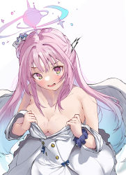 Rule 34 | absurdres, angel wings, blue archive, breasts, buttons, dress, flower, hair bun, hair flower, hair ornament, halo, highres, long hair, medium breasts, mika (blue archive), moruhinesan, open mouth, partially undressed, pink eyes, pink hair, scrunchie, single hair bun, sleeveless, sleeveless dress, undressing, white background, white dress, wings, wrist scrunchie