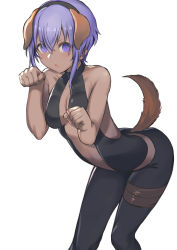 Rule 34 | 1girl, absurdres, animal ears, bare shoulders, black headband, blush, breasts, center opening, commentary request, dark-skinned female, dark skin, dog ears, dog tail, fake animal ears, fate/grand order, fate (series), hair between eyes, hassan of serenity (fate), headband, highres, leotard, medium breasts, open mouth, paw pose, purple eyes, purple hair, simple background, solo, tail, taruto (takug0812), thigh strap, white background