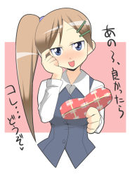Rule 34 | 00s, 1girl, andou yuuri, bad id, bad pixiv id, bamboo blade, blue eyes, blush, brown hair, gift, hair ornament, hairclip, holding, holding gift, incoming gift, long hair, makarou, side ponytail, solo, translated, valentine