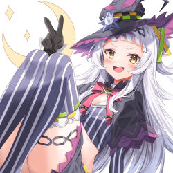 Rule 34 | 1girl, arched bangs, black capelet, black gloves, black skirt, breasts, brooch, capelet, cropped shirt, divergenceok, gloves, grey hair, grey shirt, grey thighhighs, hat, highres, hololive, jewelry, long hair, looking at viewer, murasaki shion, murasaki shion (1st costume), open mouth, pinstripe pattern, pinstripe shirt, purple hat, shirt, short eyebrows, skirt, small breasts, smile, solo, star brooch, striped clothes, striped shirt, striped thighhighs, teeth, thighhighs, tilted headwear, upper teeth only, v, vertical-striped clothes, vertical-striped shirt, vertical-striped thighhighs, virtual youtuber, witch hat, yellow eyes
