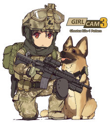 Rule 34 | 1girl, assault rifle, backpack, bag, belt, beretta 92, body armor, boots, brown footwear, brown hat, brown jacket, brown pants, camouflage, camouflage jacket, camouflage pants, combat boots, dog, english text, german shepherd, gloves, goggles, goggles on headwear, green gloves, grenade launcher, gun, handgun, hat, headpat, helmet, hijab, holding, holding gun, holding weapon, holster, jacket, keffiyeh, knee pads, looking at viewer, m4 carbine, military, military operator, on one knee, original, pants, red eyes, rifle, scope, simple background, solo, tactical clothes, tanto (tc1995), trigger discipline, utility belt, weapon, white background