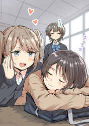 Rule 34 | 3girls, absurdres, bag, betock, black sweater, blue bow, blue bowtie, blue eyes, bow, bowtie, brown hair, brown sweater, classroom, closed mouth, collared shirt, commentary request, closed eyes, heart, heart in eye, highres, indoors, light brown hair, long sleeves, multiple girls, open mouth, original, school bag, school uniform, shirt, short hair, sleeping, sweatdrop, sweater, symbol in eye, twintails, white shirt, window, yuri