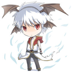Rule 34 | 1boy, aura, bat wings, black footwear, black gloves, black pants, brown wings, champion (ragnarok online), championship belt, chibi, closed mouth, coat, commentary request, expressionless, fake wings, full body, gloves, gold trim, head wings, hood, hooded coat, looking at viewer, male focus, natsuya (kuttuki), open clothes, open coat, pants, ragnarok online, red coat, red eyes, shoes, short hair, simple background, sleeveless, sleeveless coat, solo, standing, two-tone gloves, white background, white coat, white gloves, white hair, wings
